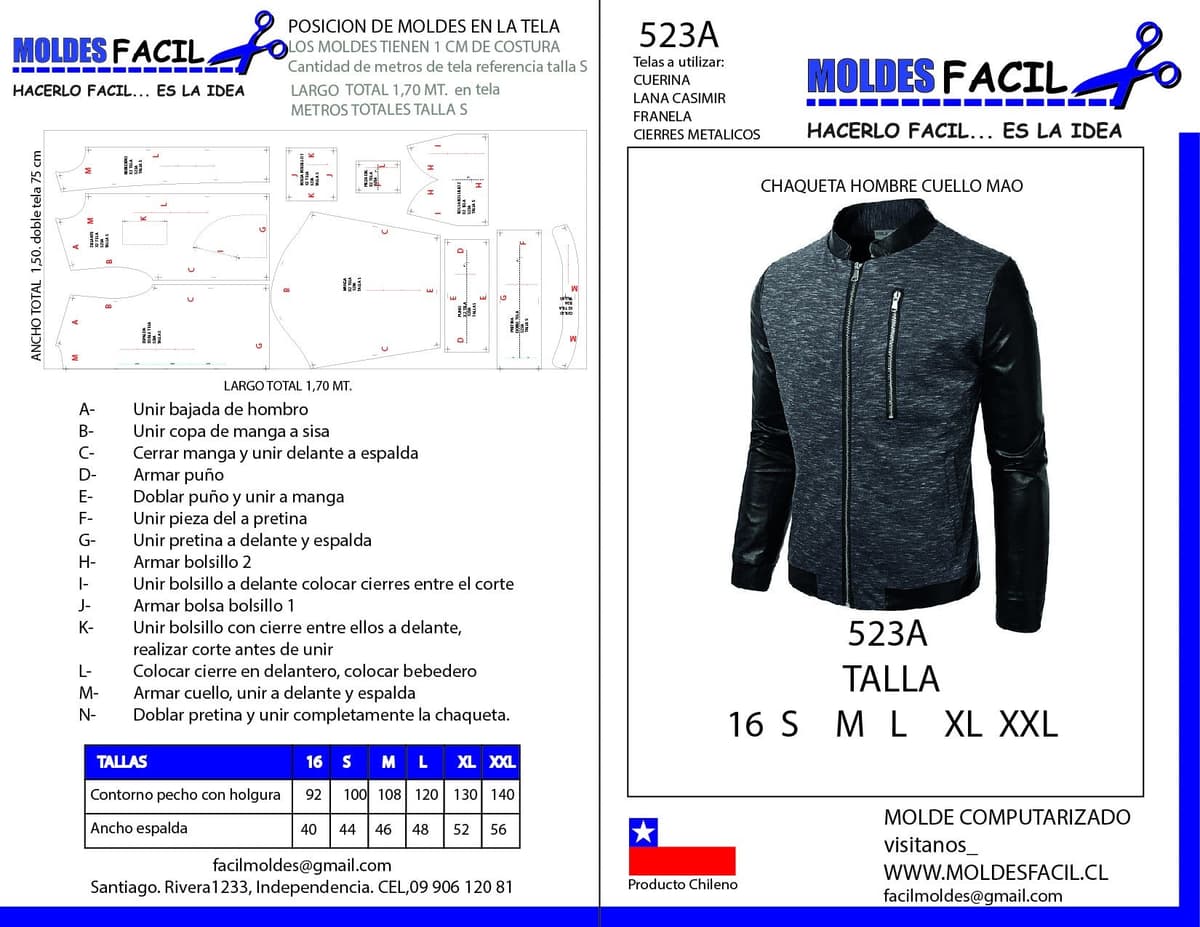 Patrón de costura CHAQUETA HOMBRE CUELLO MAO — Moldes Fácil