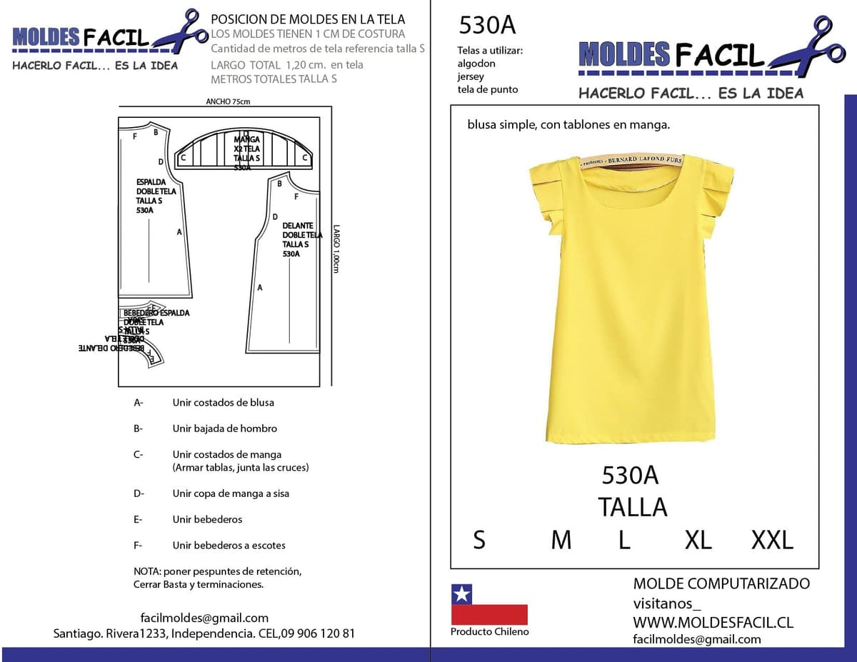 Patrón de costura BLUSA SIMPLE, CON TABLONES EN MANGA — Moldes Fácil