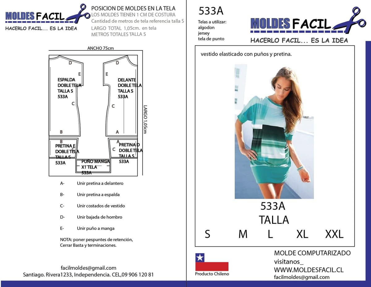 Patrón de costura Vestido Elasticado Con Puños Y Pretina — Moldes Fácil