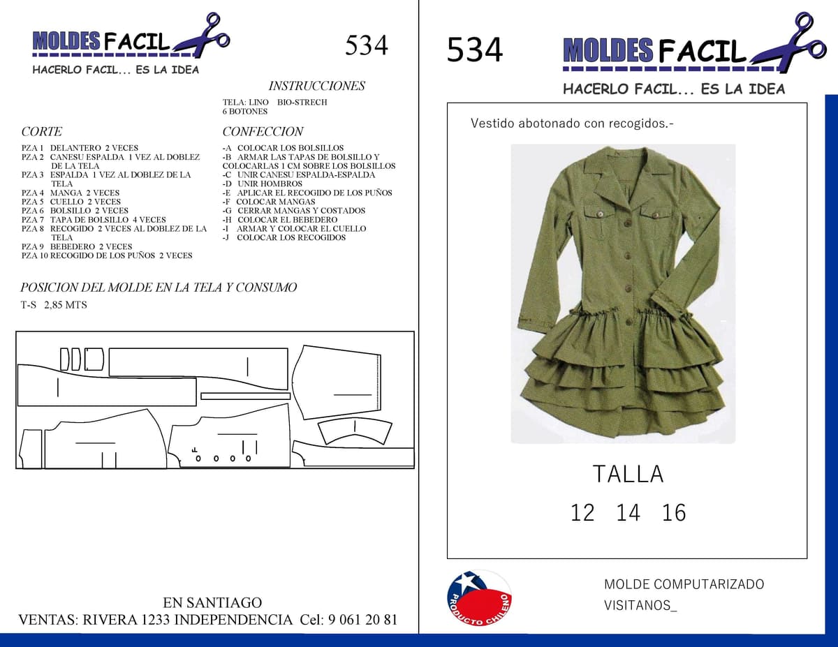 Patrón de costura Vestido Abotonado Con Recogidos — Moldes Fácil