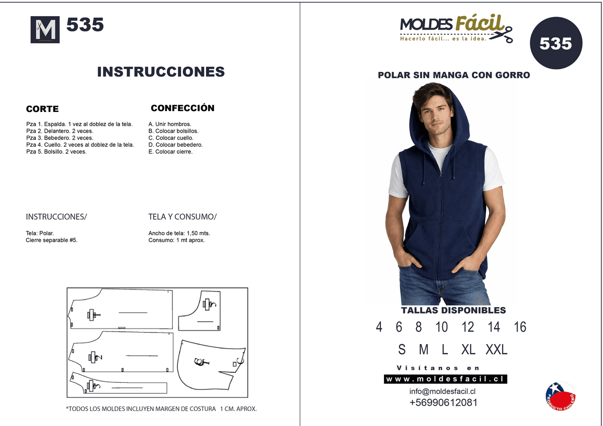 Patrón de costura POLAR SIN MANGA CON GORRO — Moldes Fácil