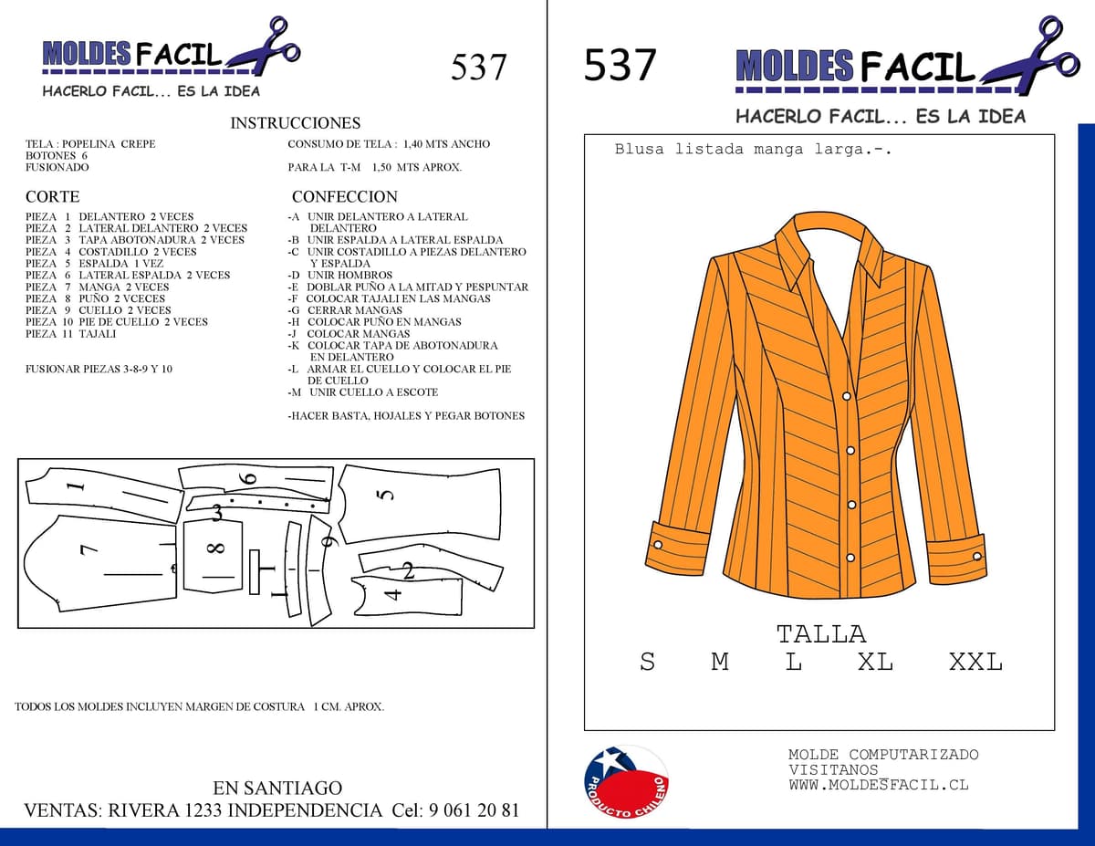 Patrón de costura BLUSA LISTADA MANGA LARGA — Moldes Fácil