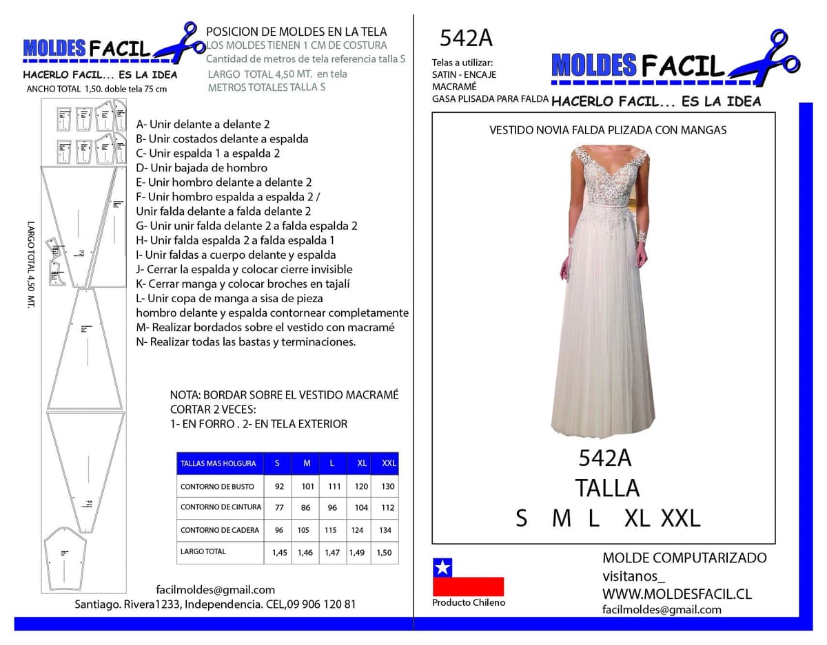 Patrón de costura Vestido de novia falda plizada con mangas — Moldes Fácil