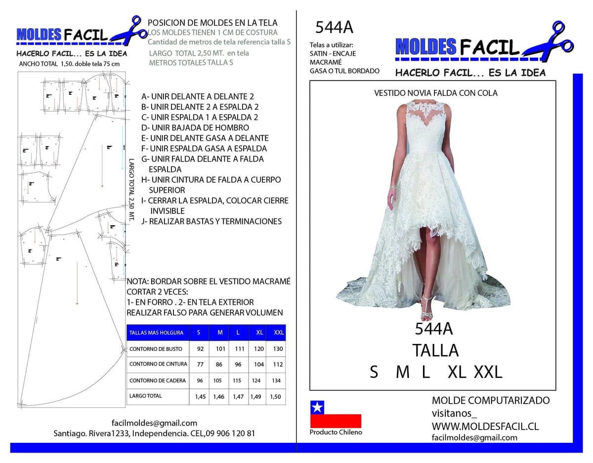 Patrón de costura Vestido de novia falda con cola — Moldes Fácil