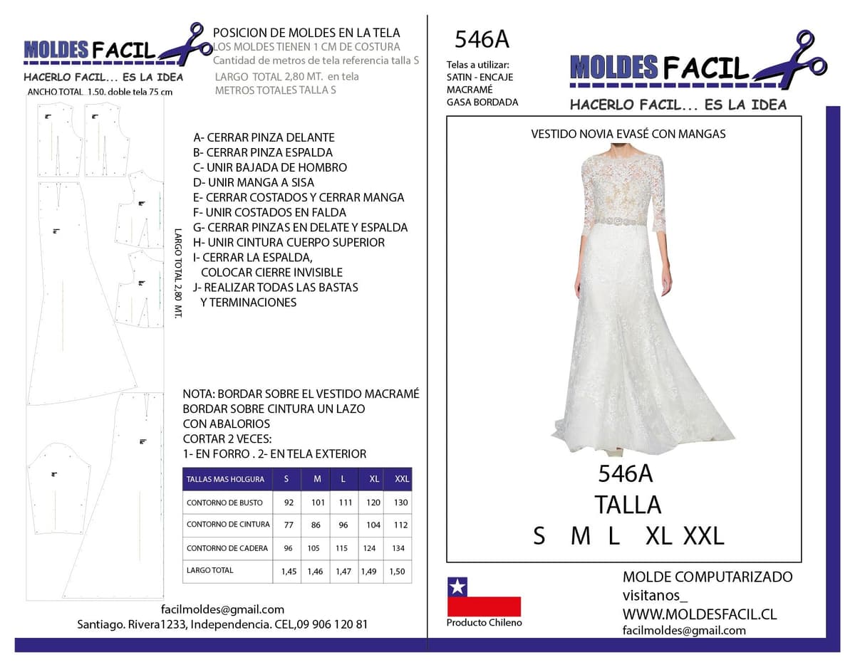 Patrón de costura Vestido de novia evasé con mangas — Moldes Fácil