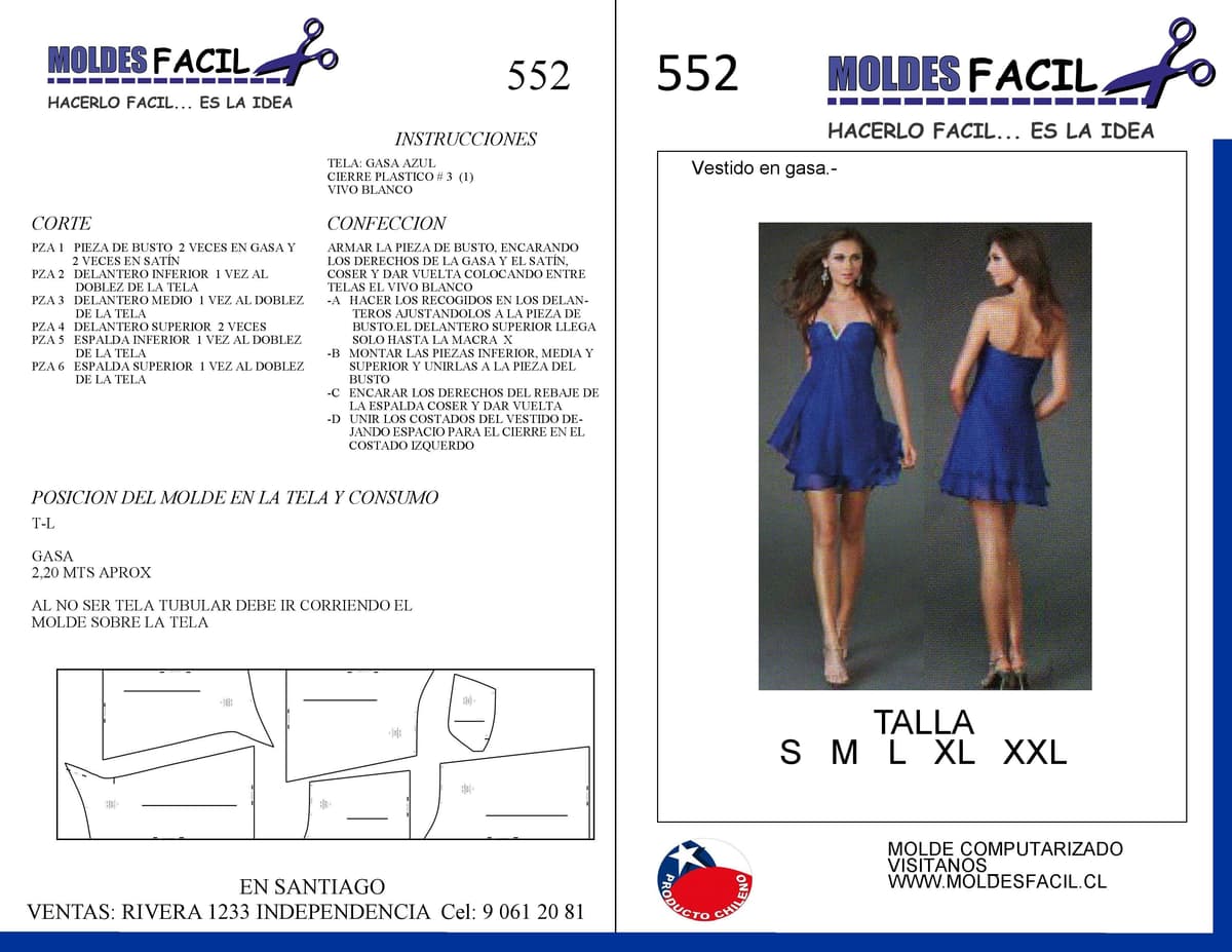 Patrón de costura Vestido Juvenil En Gaza Azul — Moldes Fácil