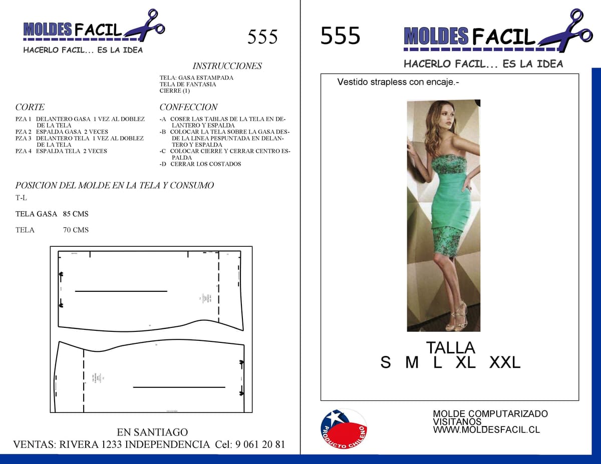 Patrón de costura Vestido Strapless Encaje Combinado — Moldes Fácil