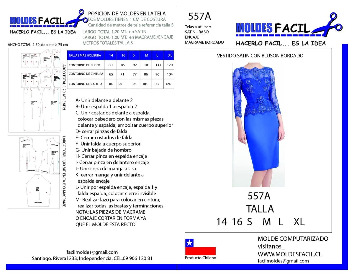 Patrón de costura Vestido Satin Con Blusón Bordado — Moldes Fácil
