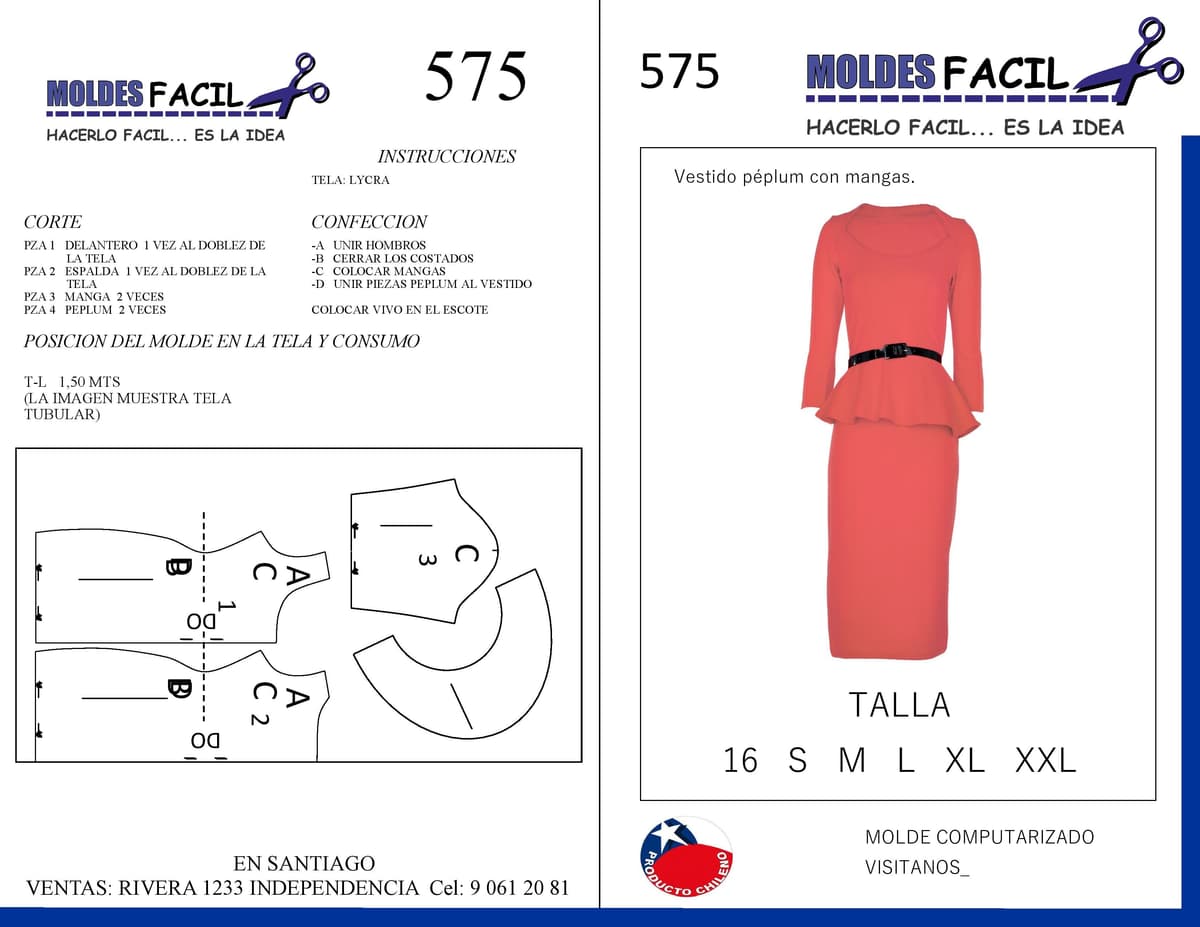 Patrón de costura Vestido Peplum Con Mangas — Moldes Fácil