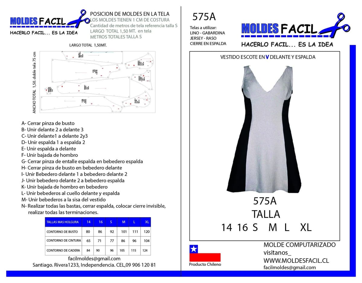 Patrón de costura Vestido Escote En V Delante Y Espalda — Moldes Fácil