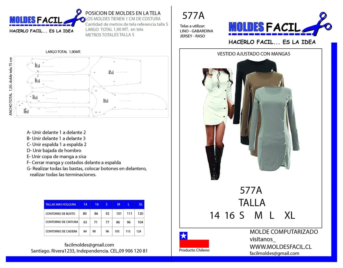 Patrón de costura Vestido Ajustado Con Mangas — Moldes Fácil