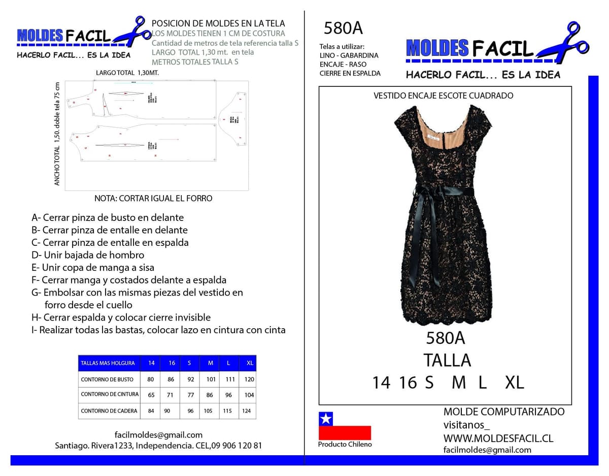 Patrón de costura Vestido Encaje Escote Cuadrado — Moldes Fácil