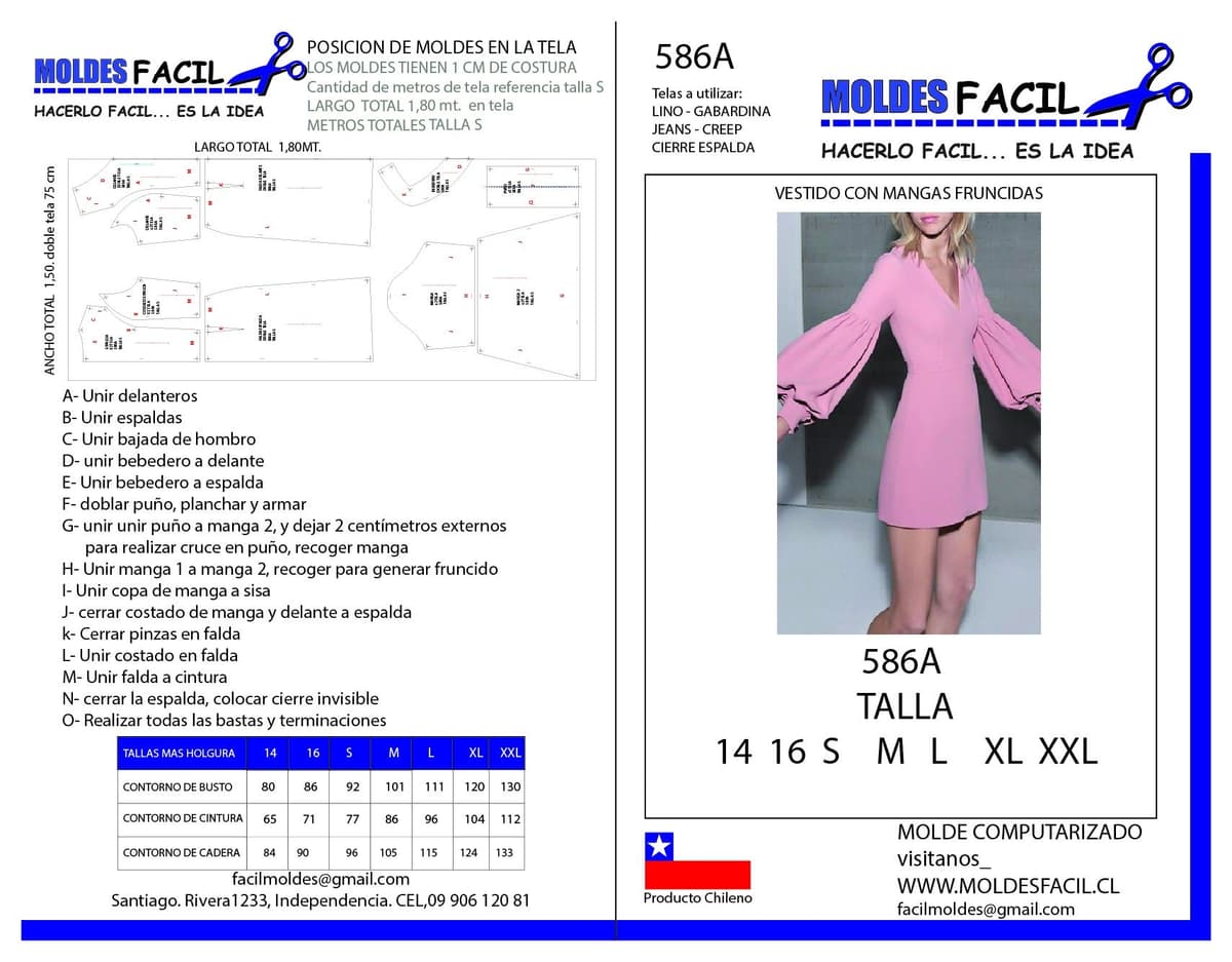 Patrón de costura Vestido Con Mangas Fruncidas — Moldes Fácil
