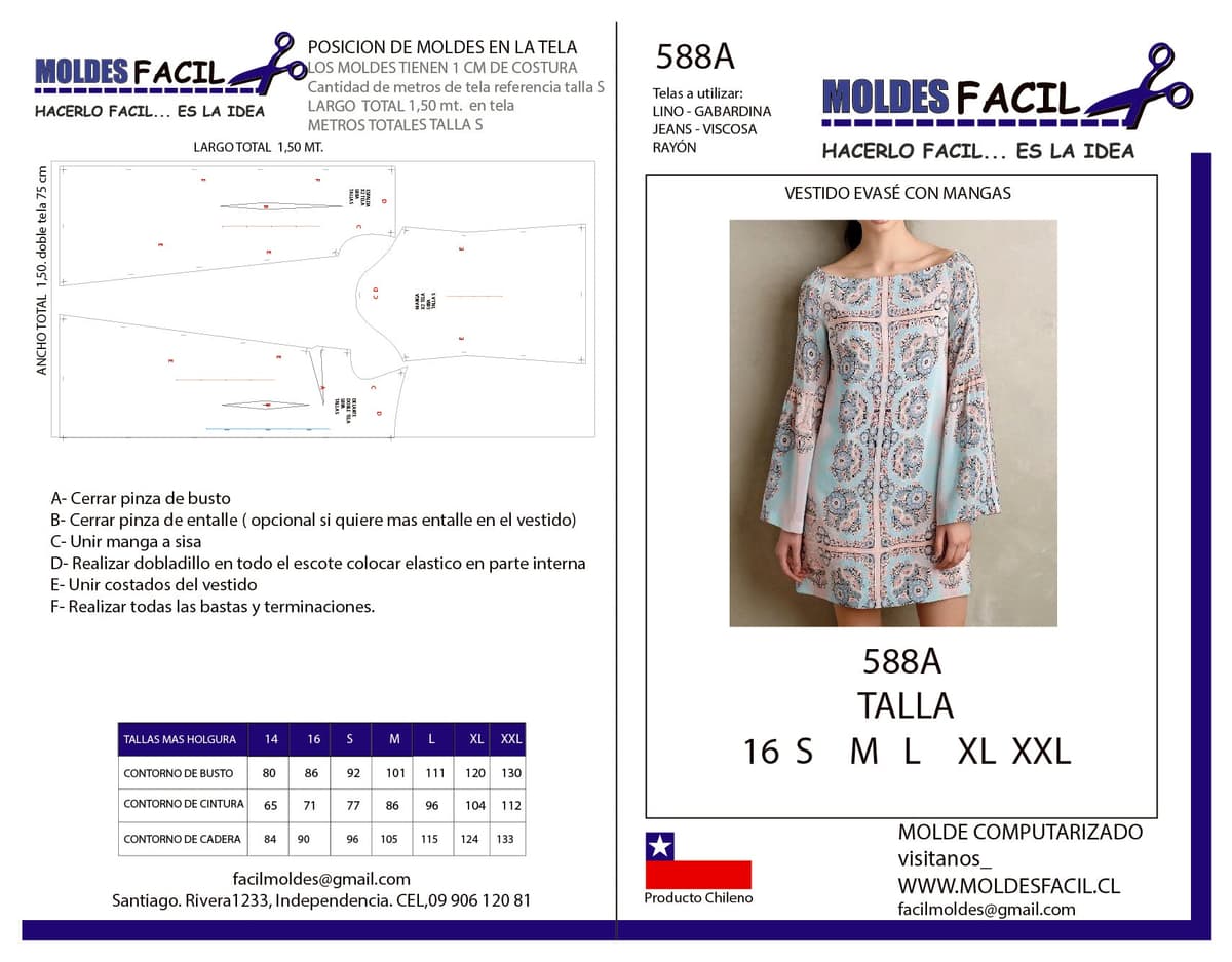 Patrón de costura Vestido Evasé Con Mangas — Moldes Fácil