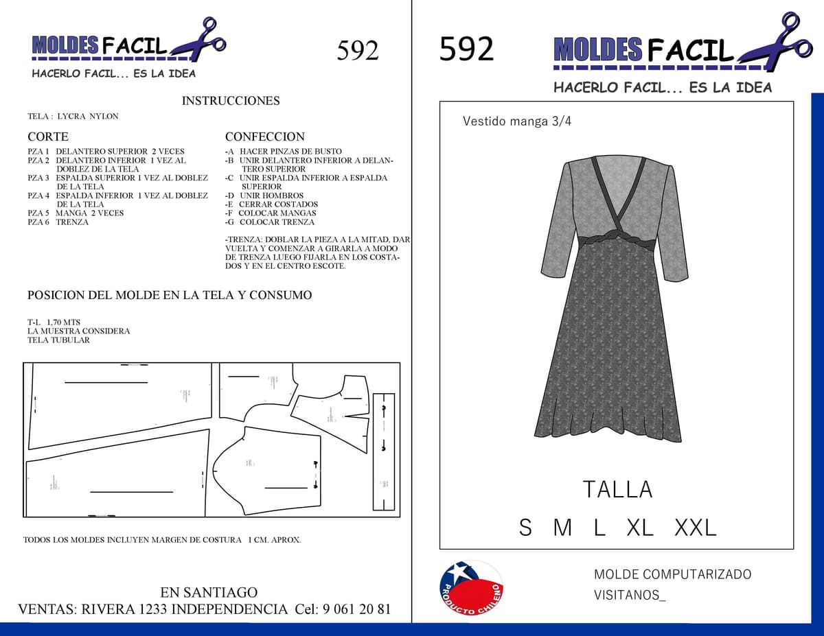 Patrón de costura Vestido Manga Tres Cuartos — Moldes Fácil