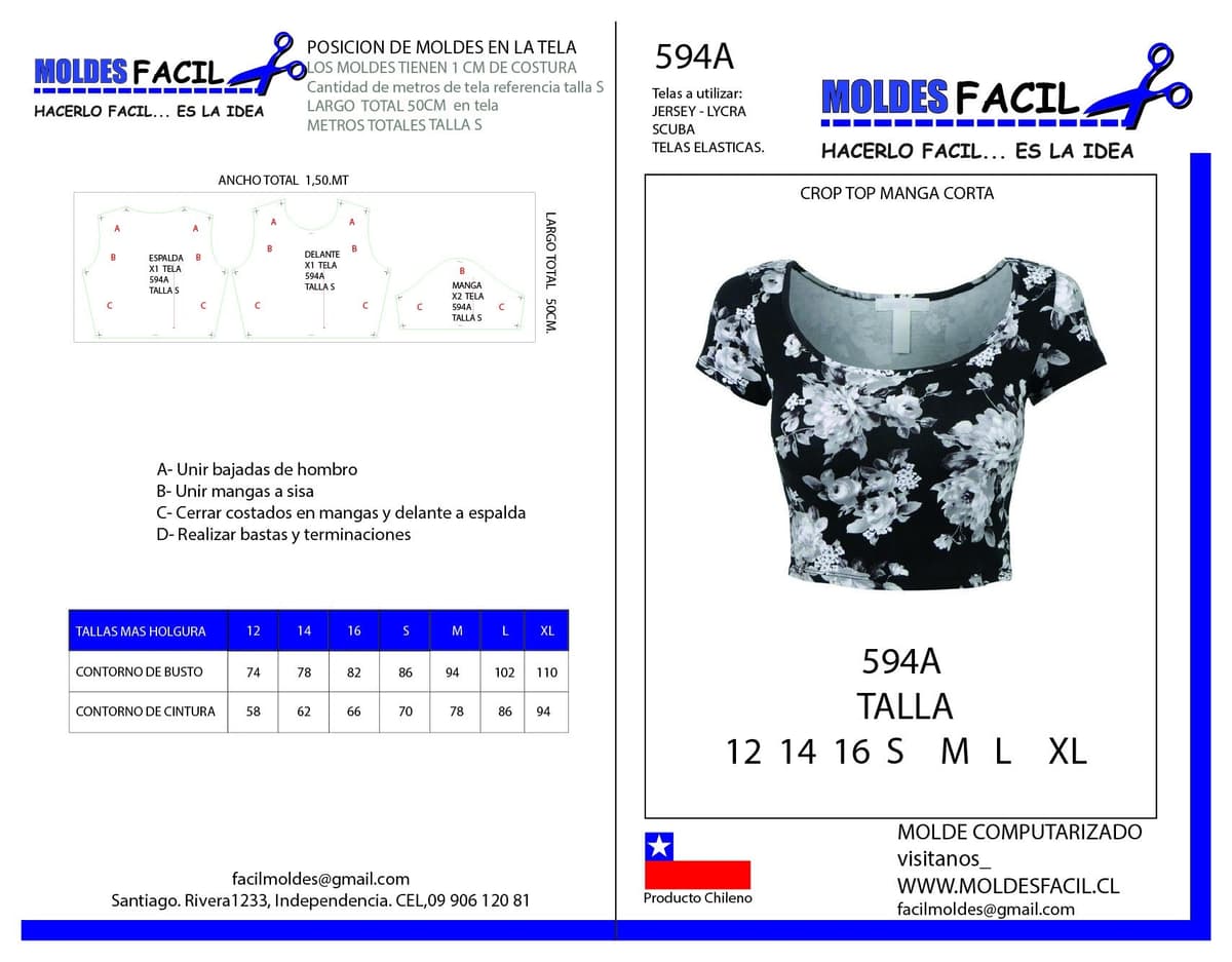 Patrón de costura CROP TOP MANGA CORTA — Moldes Fácil