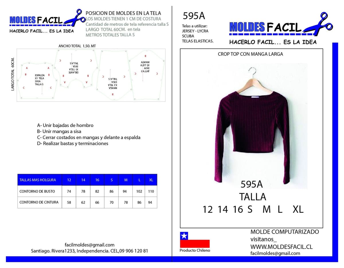 Patrón de costura CROP TOP CON MANGA LARGA — Moldes Fácil