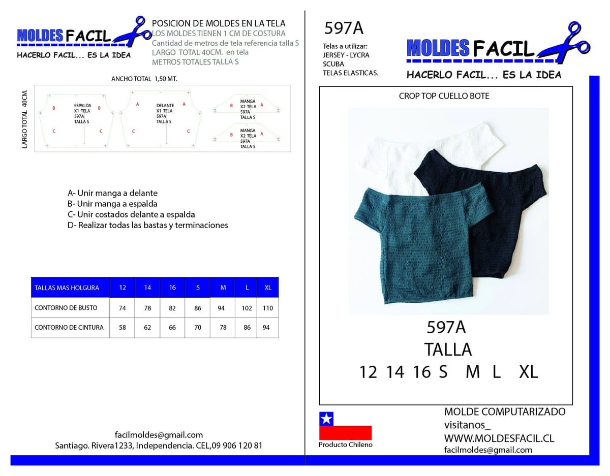 Patrón de costura CROP TOP CUELLO BOTE — Moldes Fácil
