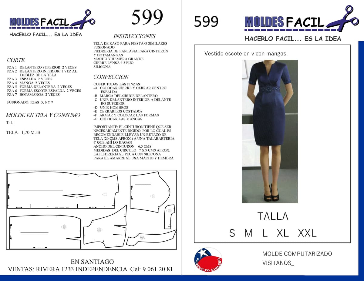 Patrón de costura Vestido Azul Manga Corta — Moldes Fácil