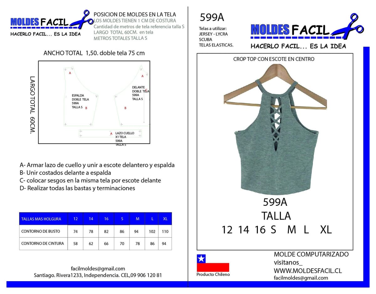 Patrón de costura CROP TOP CON ESCOTE EN CENTRO — Moldes Fácil