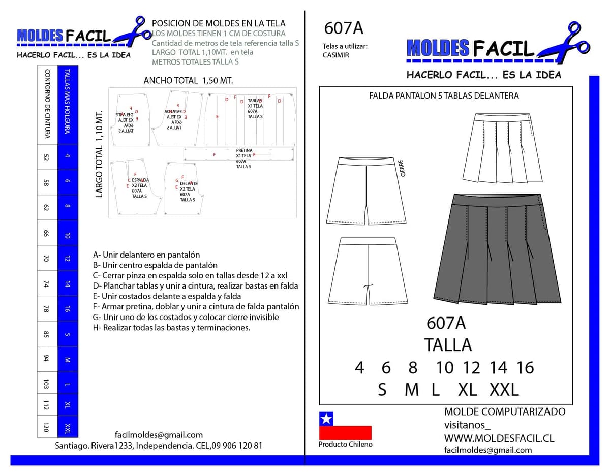 Patrón de costura Falda pantalón 5 tablas delantera — Moldes Fácil
