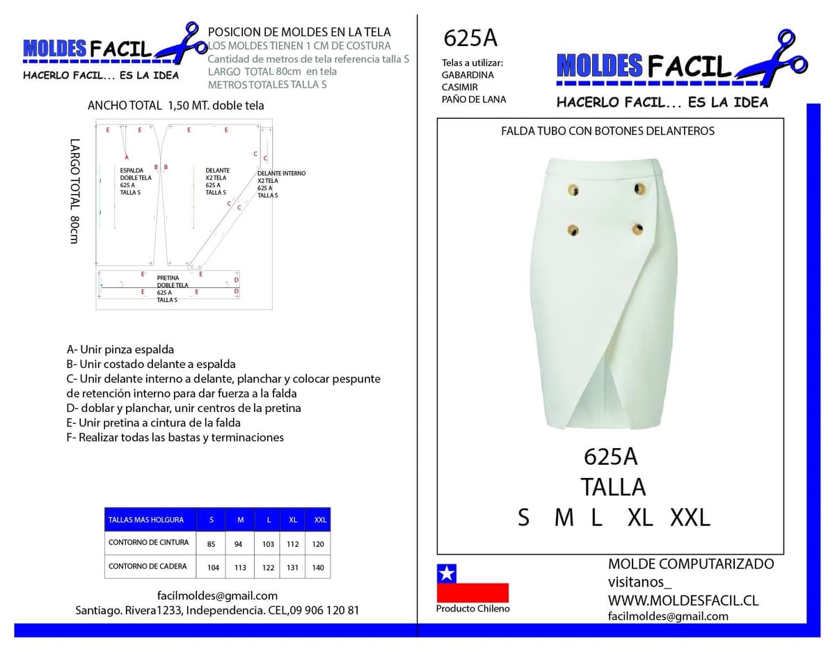 Patrón de costura Falda tubo con botones delanteros — Moldes Fácil