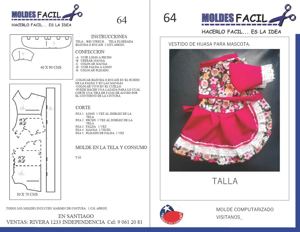 Patrón de costura Vestido de huasa para mascota — Moldes Fácil