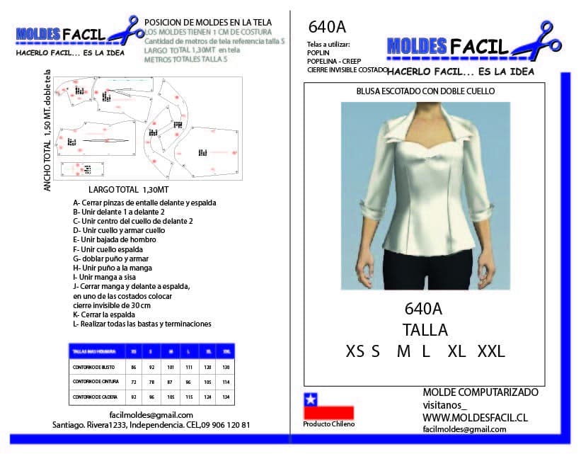 Patrón de costura BLUSA ESCOTADO CON DOBLE CUELLO — Moldes Fácil