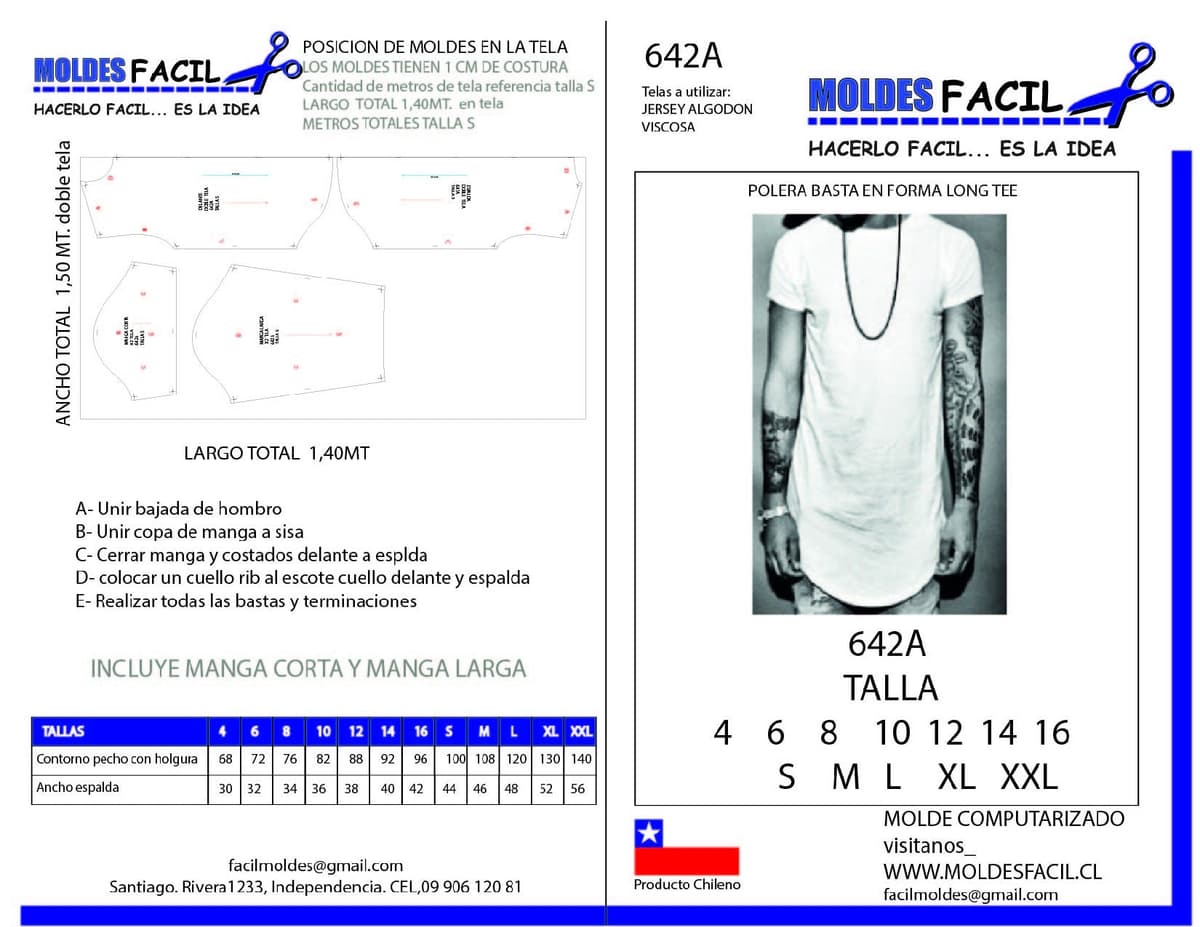 Patrón de costura POLERA BASTA EN FORMA LONG TEE — Moldes Fácil