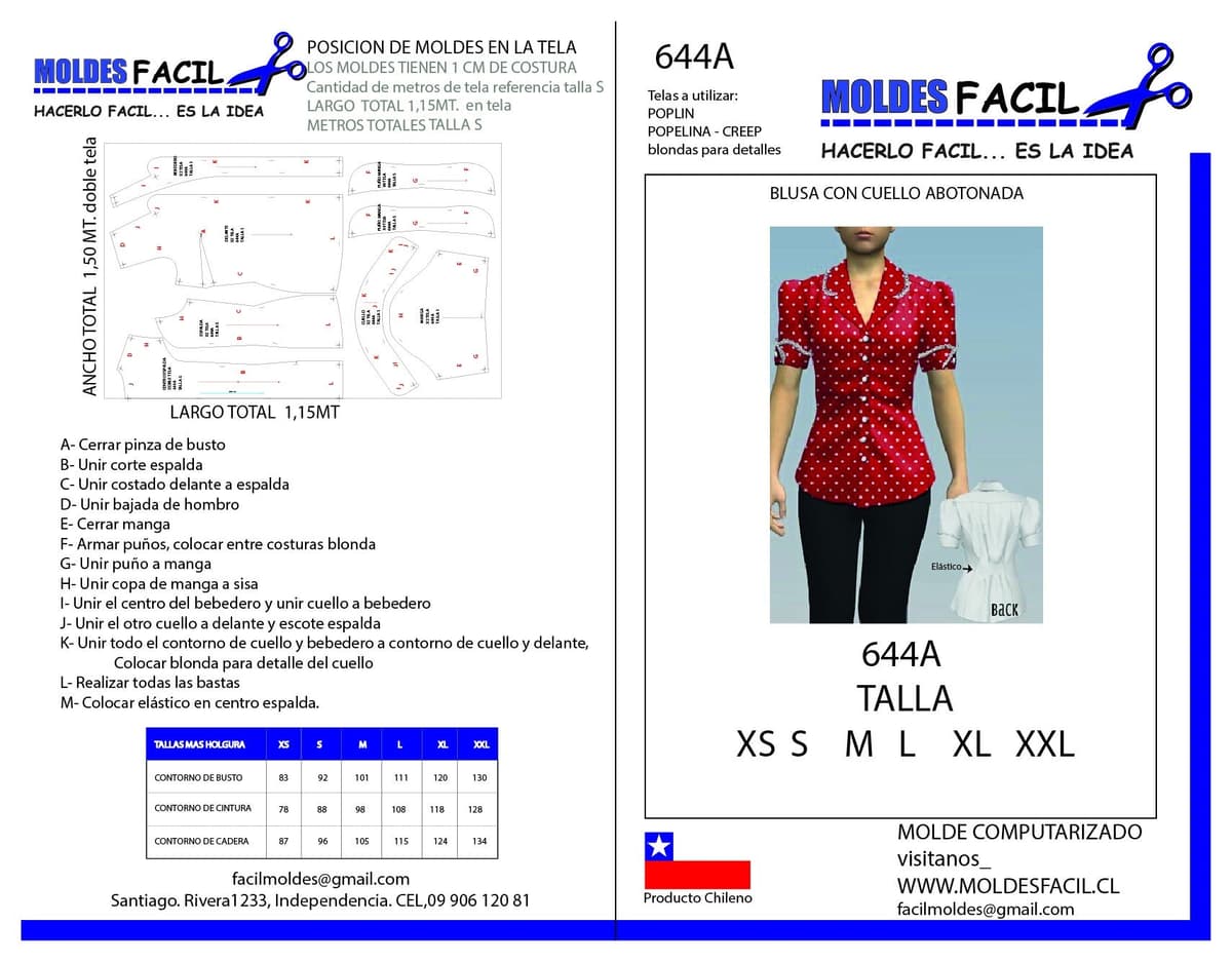 Patrón de costura BLUSA CON CUELLO ABOTONADA — Moldes Fácil