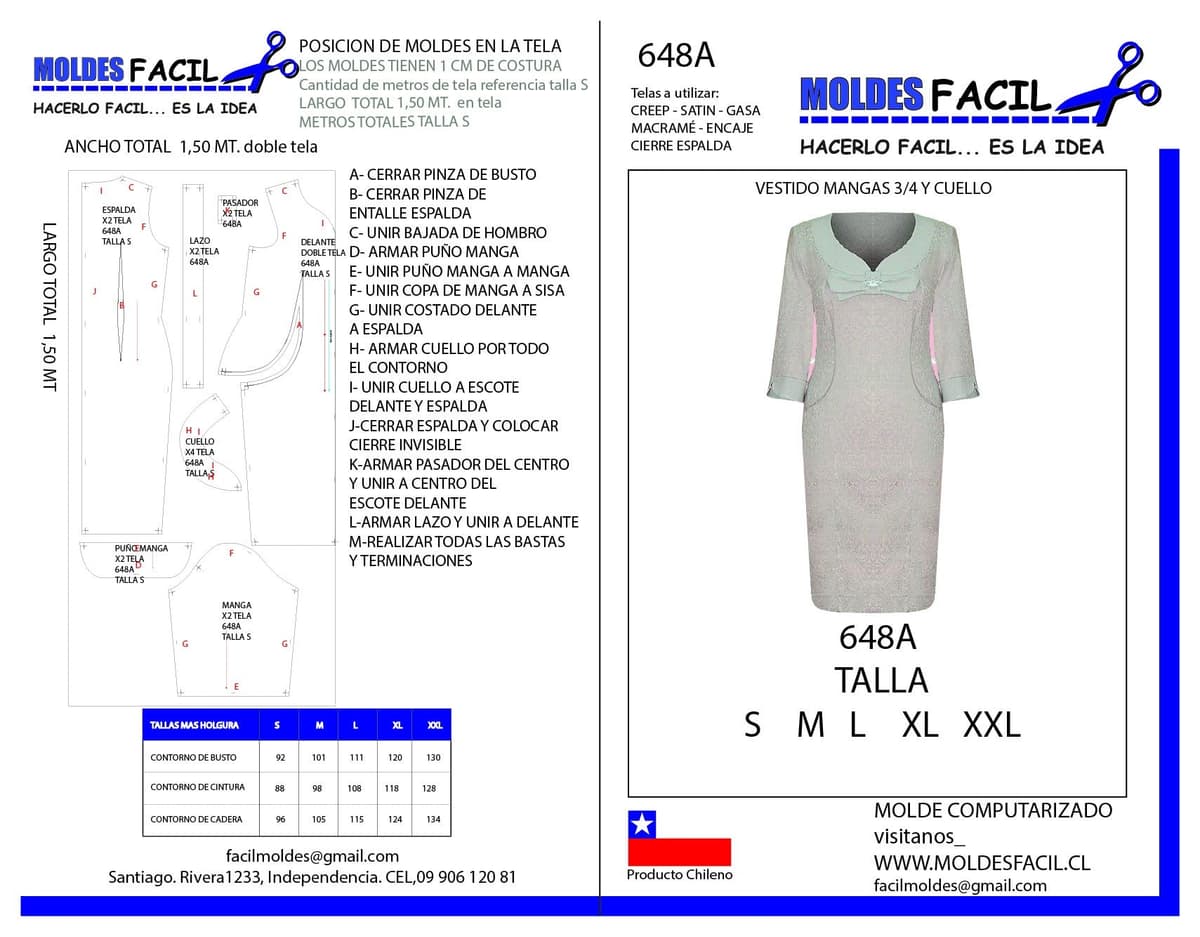 Patrón de costura Vestido Mangas Tres Cuartos Y Cuello — Moldes Fácil