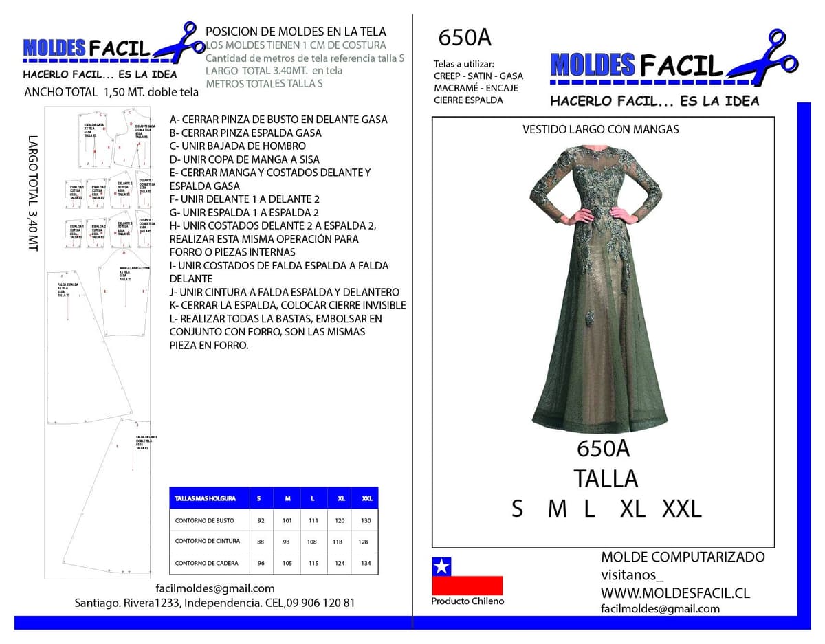 Patrón de costura Vestido largo con mangas — Moldes Fácil