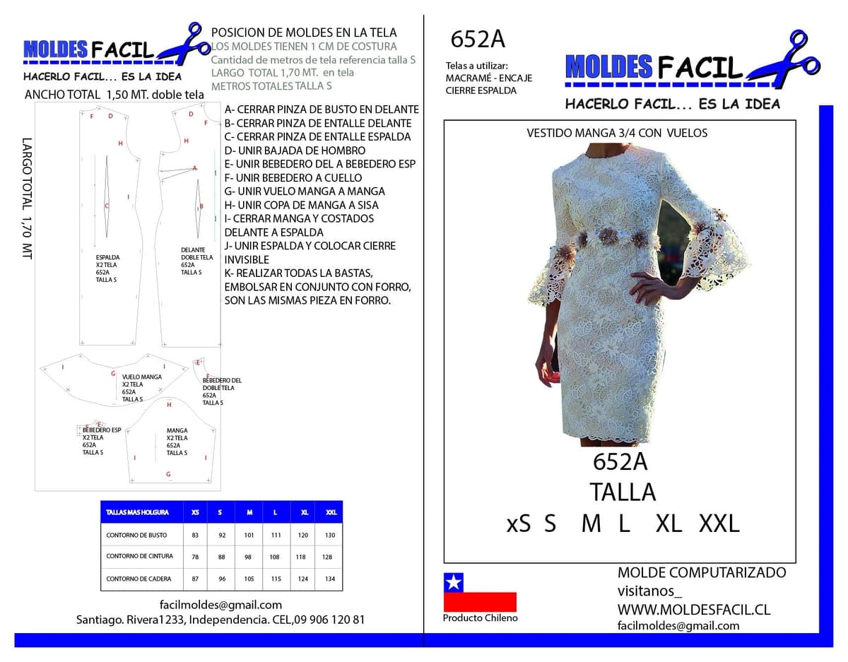 Patrón de costura Vestido Mangas Tres Cuartos Con Vuelo — Moldes Fácil