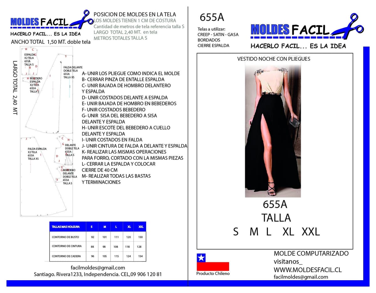 Patrón de costura Vestido noche con pliegues — Moldes Fácil