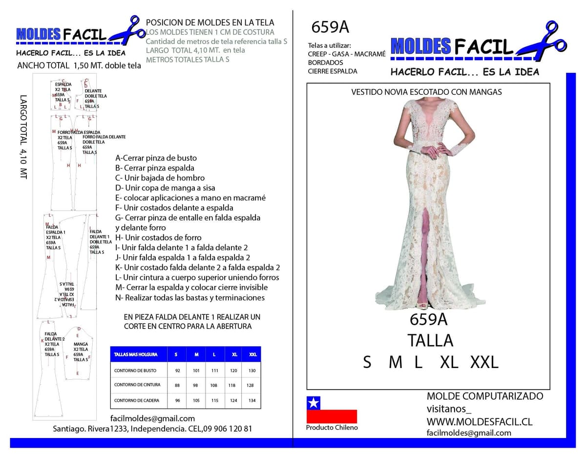 Patrón de costura Vestido de novia escotado con mangas — Moldes Fácil
