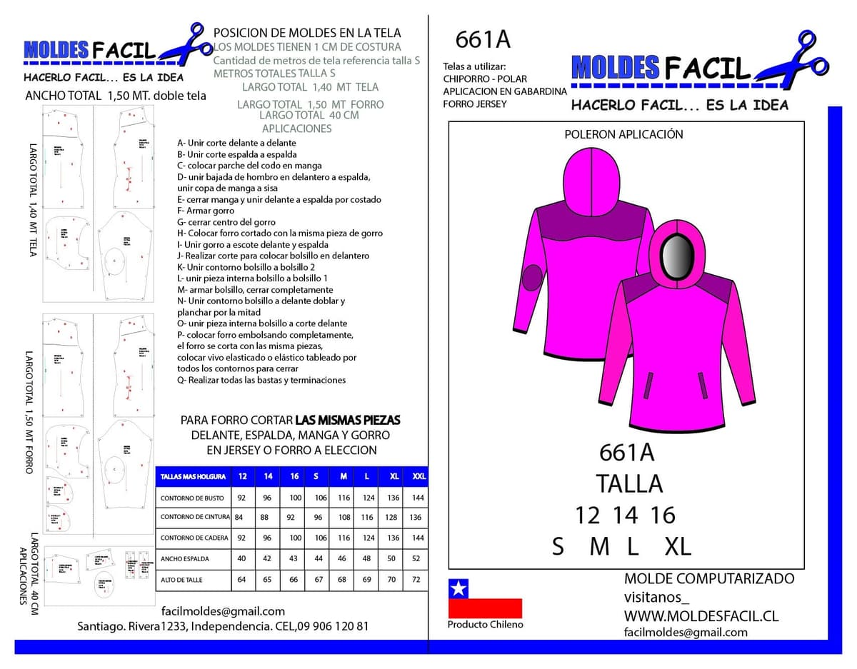 Patrón de costura Poleron aplicación — Moldes Fácil