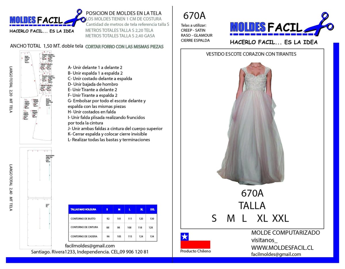 Patrón de costura Vestido de novia escote corazón con tirantes — Moldes Fácil