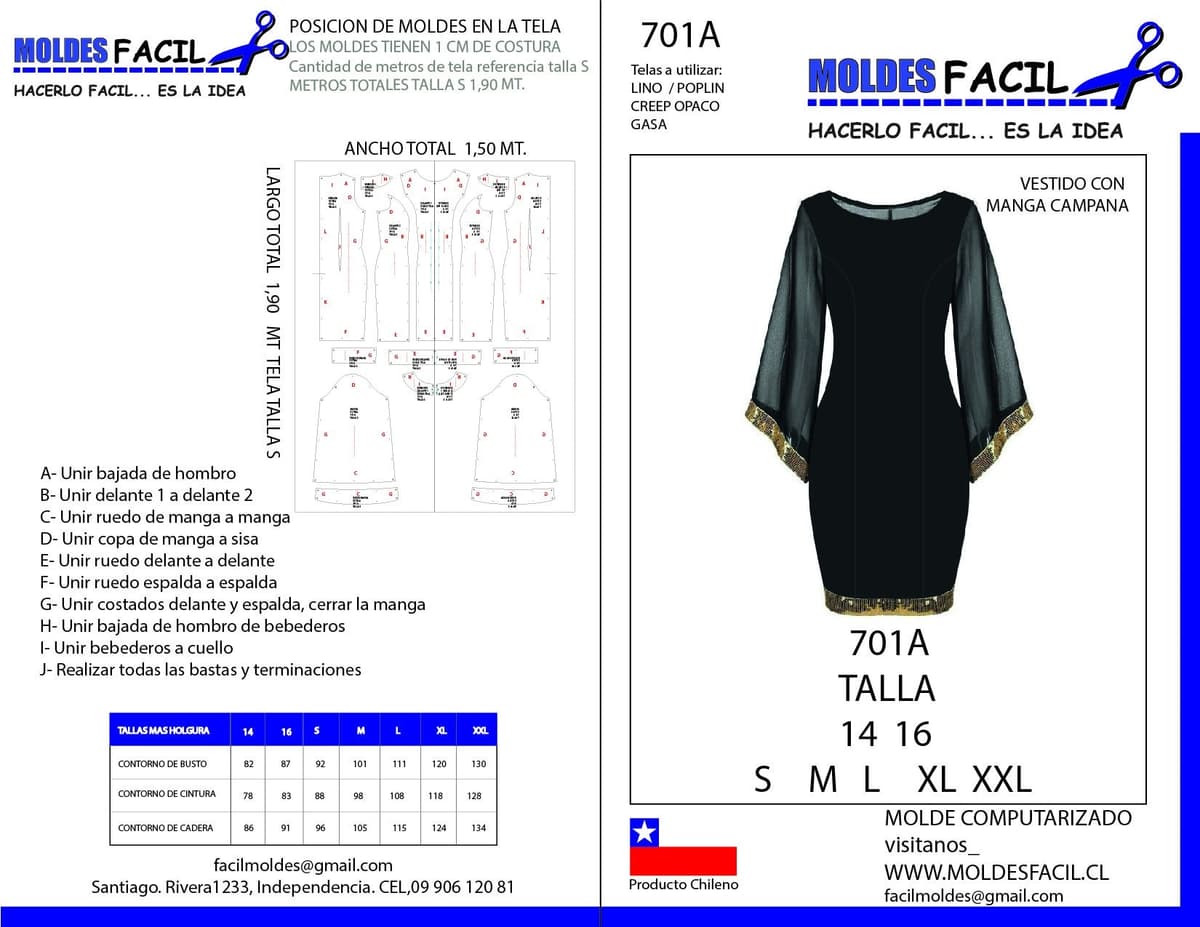 Patrón de costura Vestido Con Manga Campana — Moldes Fácil