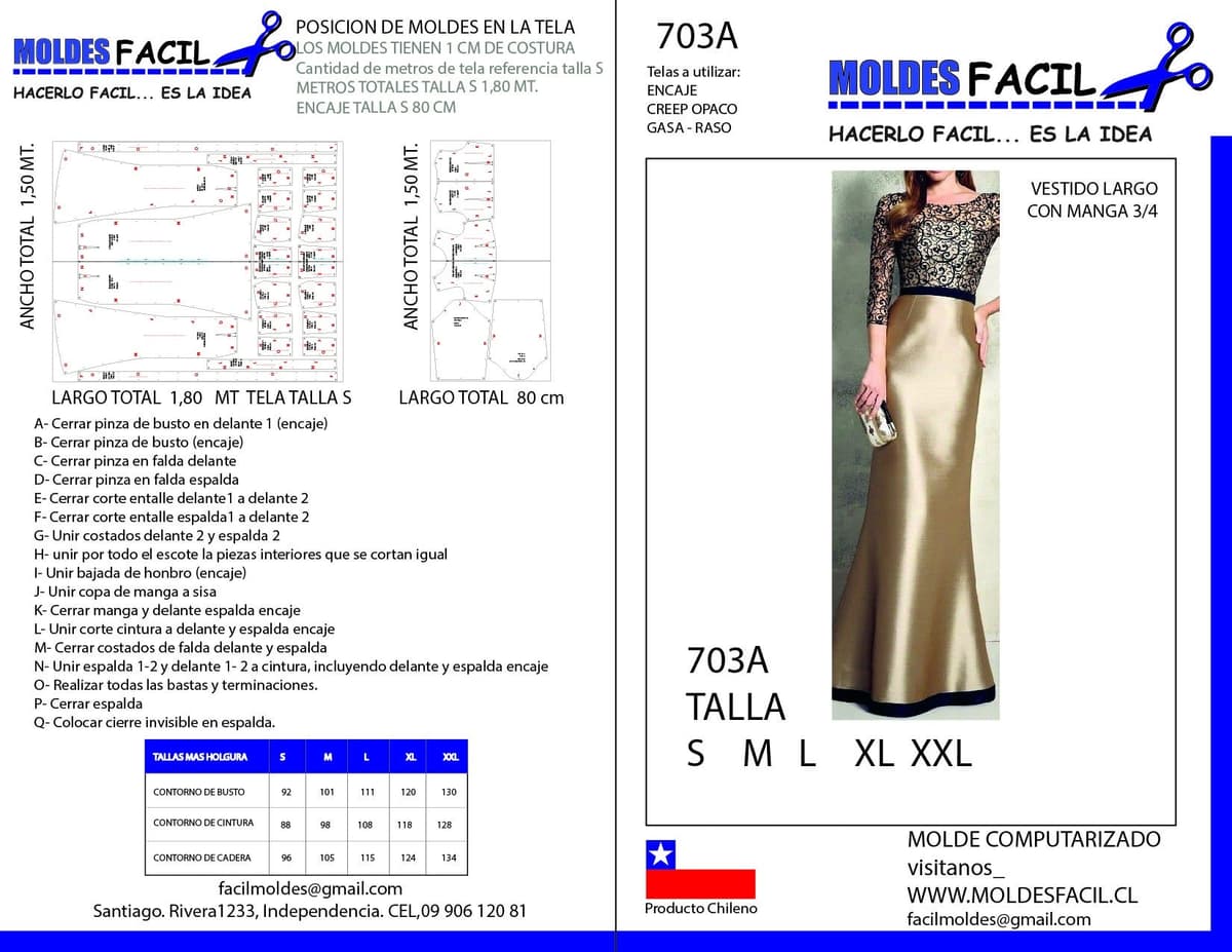 Patrón de costura Vestido largo con manga tres cuartos — Moldes Fácil