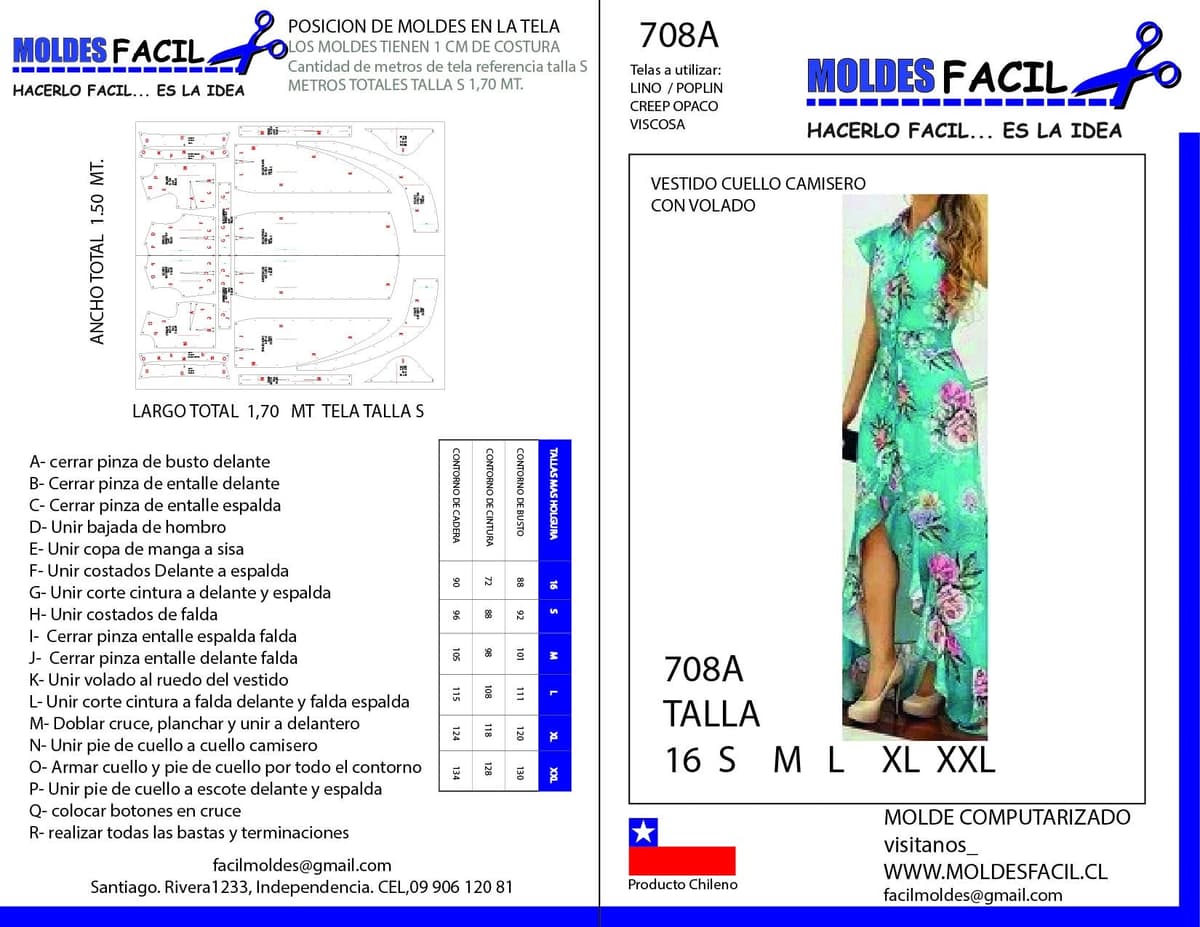 Patrón de costura Vestido Cuello Camisero Con Volado — Moldes Fácil