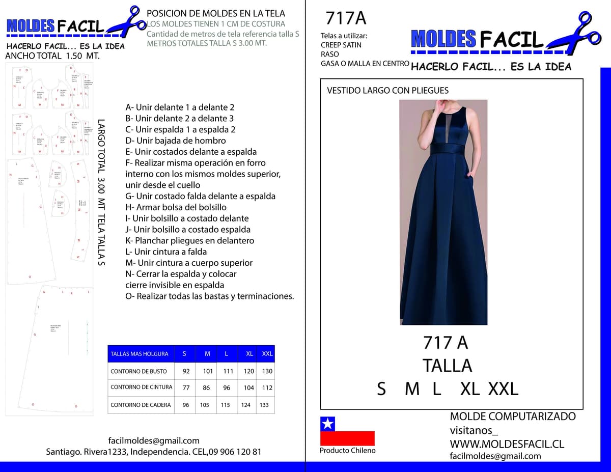 Patrón de costura Vestido largo con pliegues — Moldes Fácil
