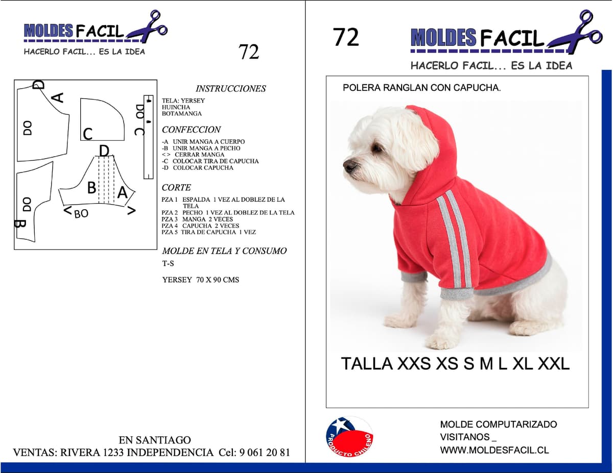 Patrón de costura Polera manga raglan con capucha para mascota — Moldes Fácil