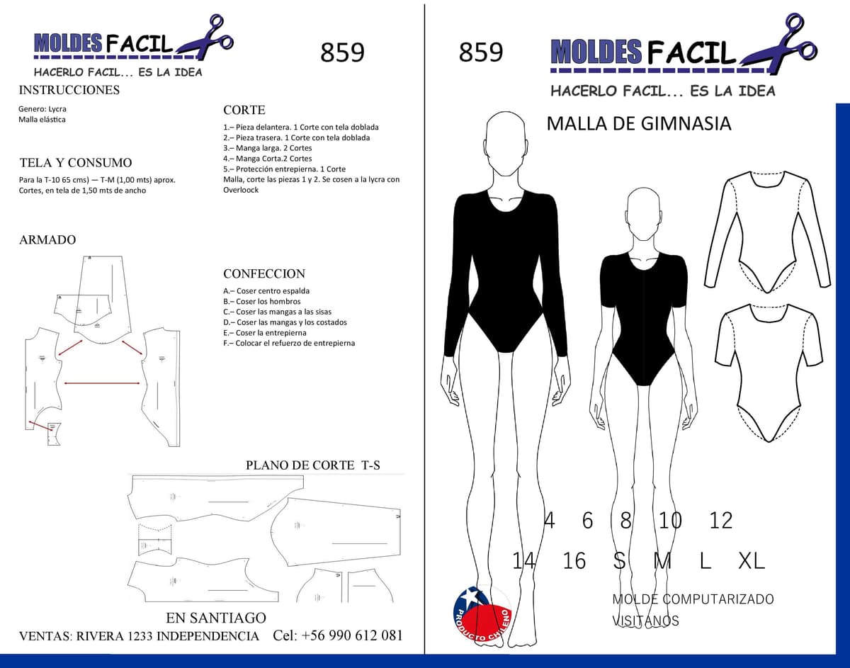 Patrón de costura Malla de gimnasia manga corta y larga — Moldes Fácil