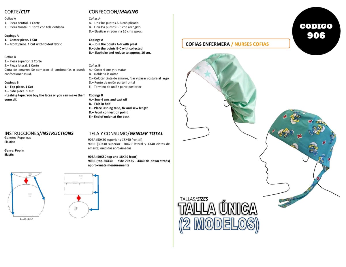Patrón de costura Cofias Enfermera — Moldes Fácil