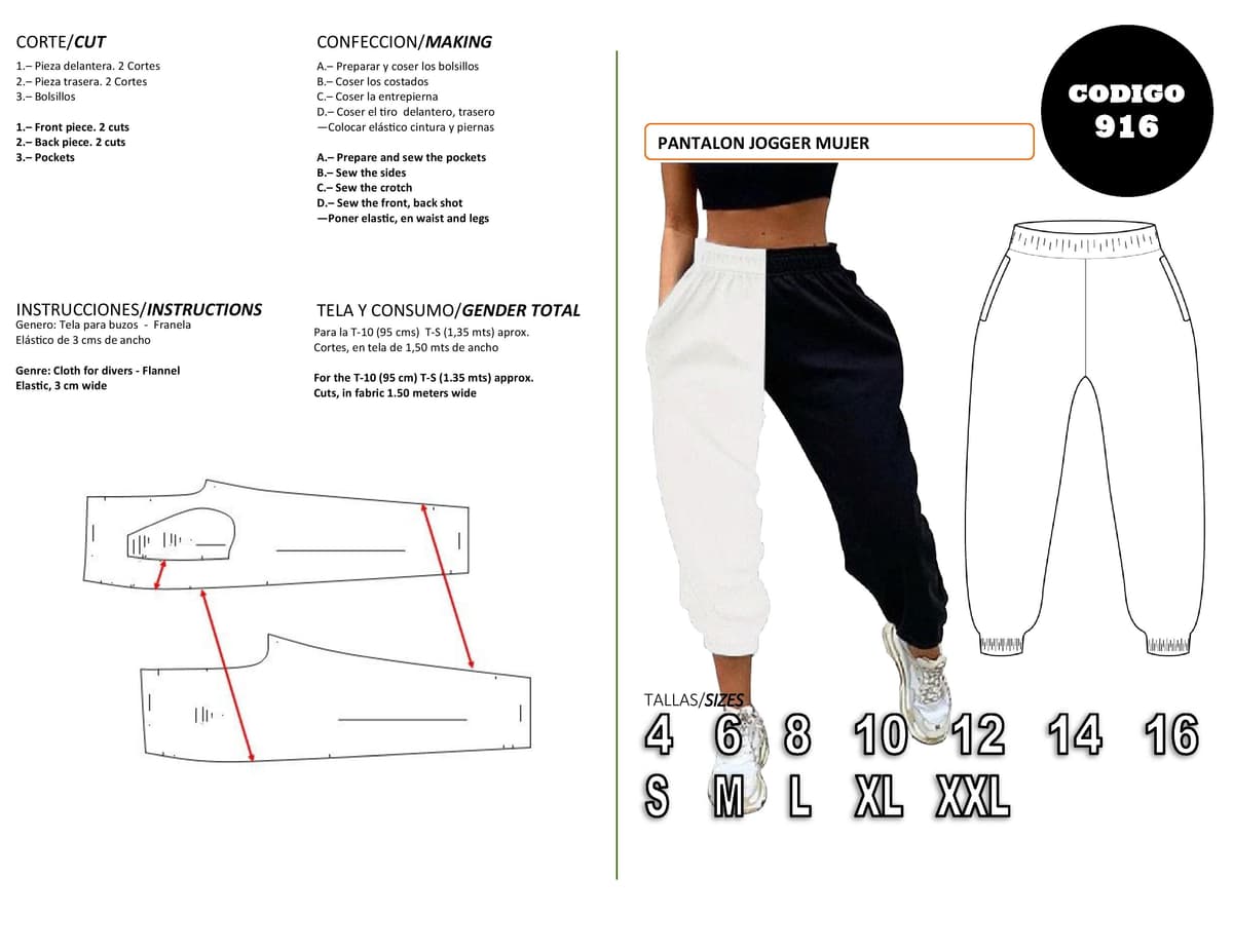 Patrón de costura Pantalon jogger mujer — Moldes Fácil