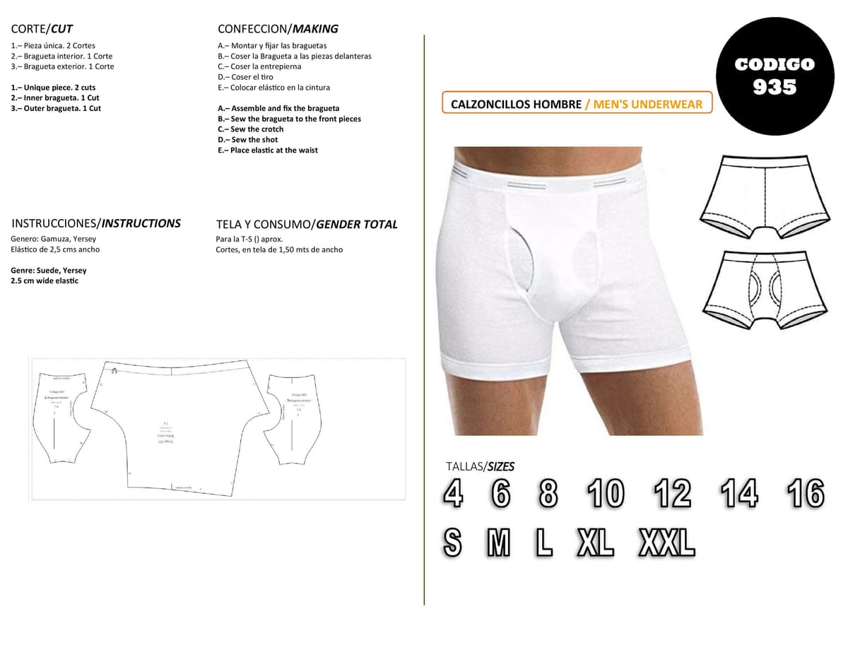 Patrón de costura Calzoncillos hombre tipo boxer — Moldes Fácil