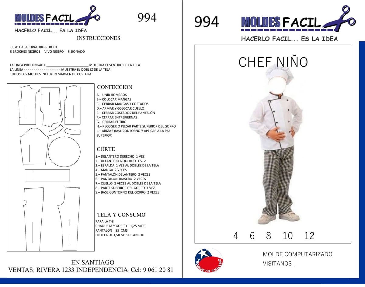 Patrón de costura chef niño — Moldes Fácil
