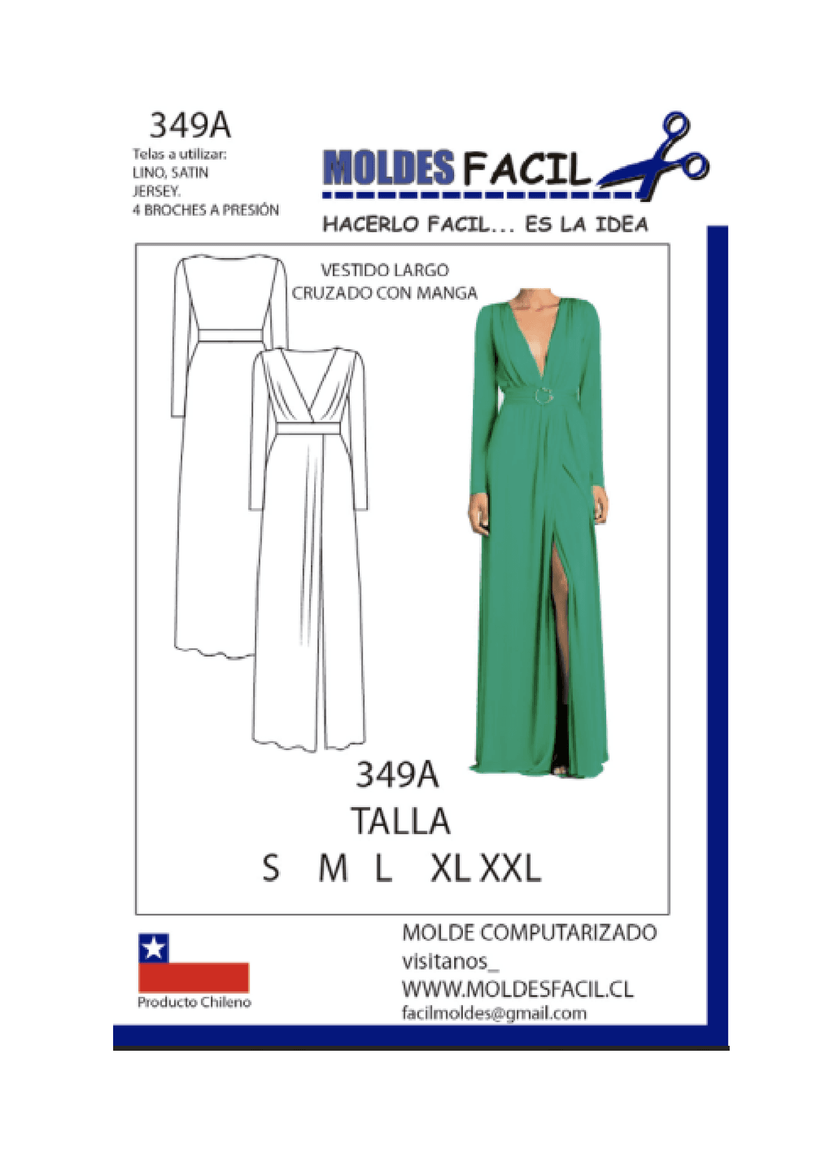 Patrón de costura Vestido largo cruzado con manga — Moldes Fácil