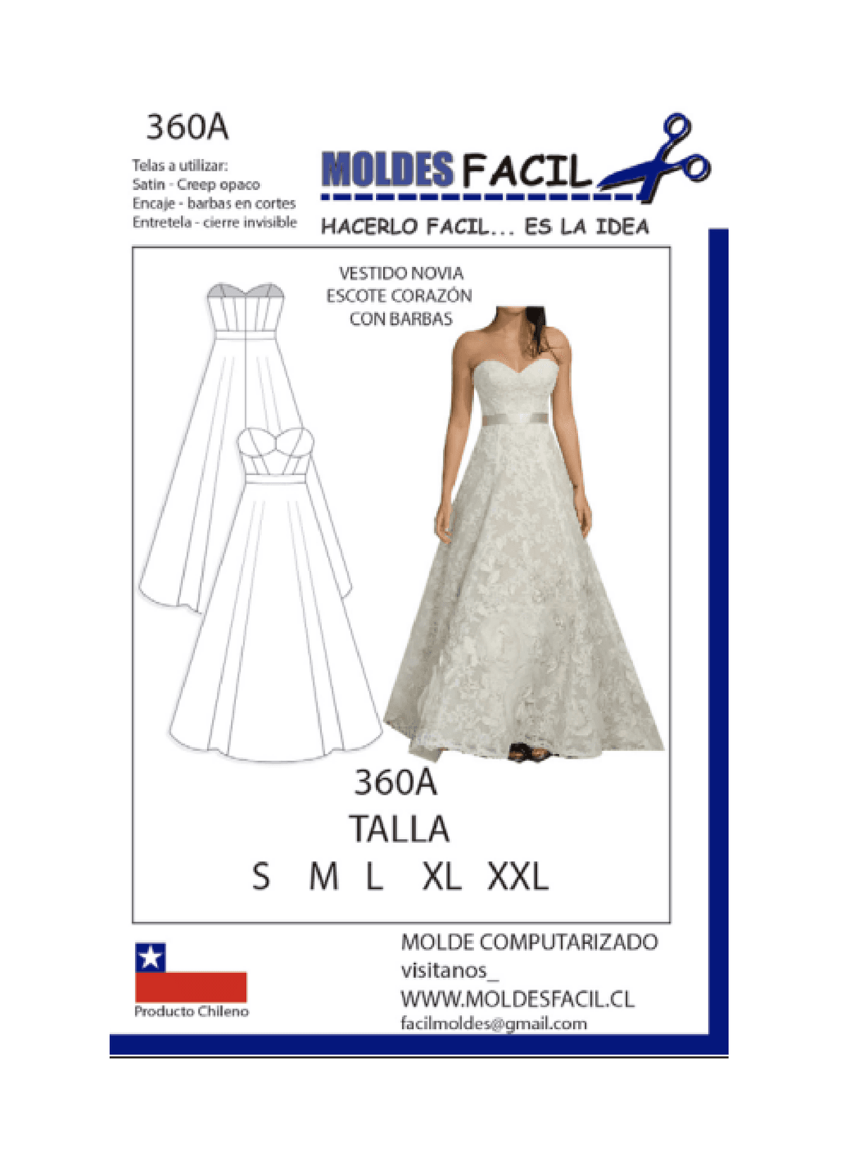 Patrón de costura Vestido de novia escote corazón con barbas — Moldes Fácil