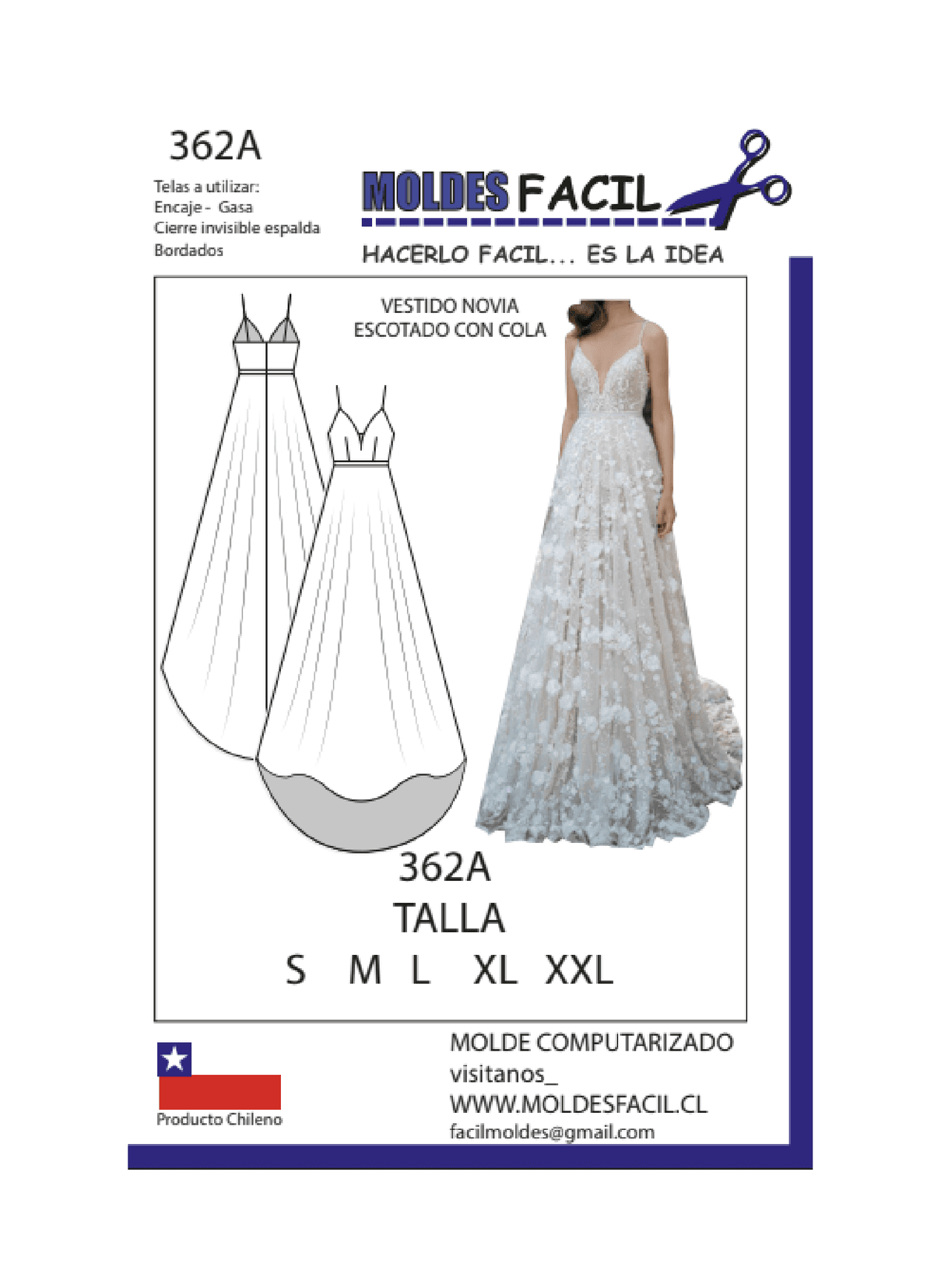 Patrón de costura Vestido de novia escotado con cola — Moldes Fácil